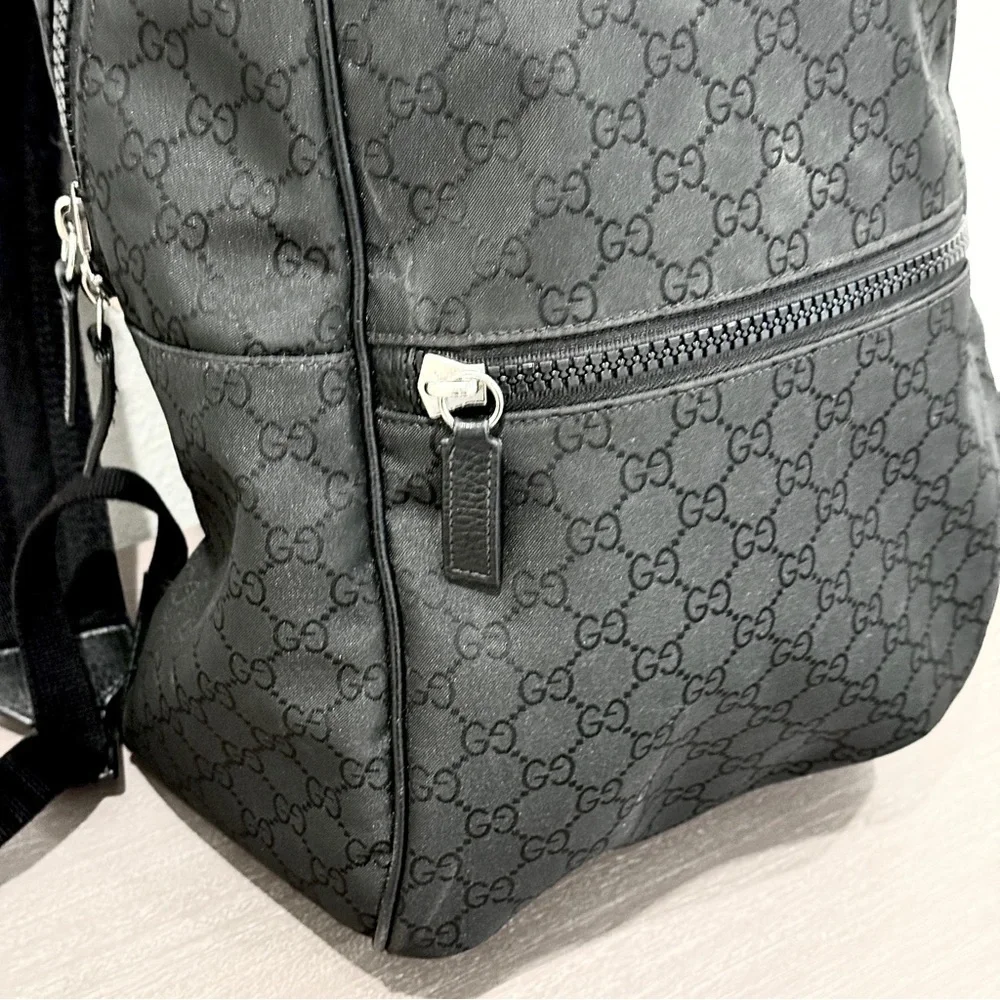 GUCCI Logo Leather Logo Nylon schoolbag Backpack Black - Picture 3 of 14